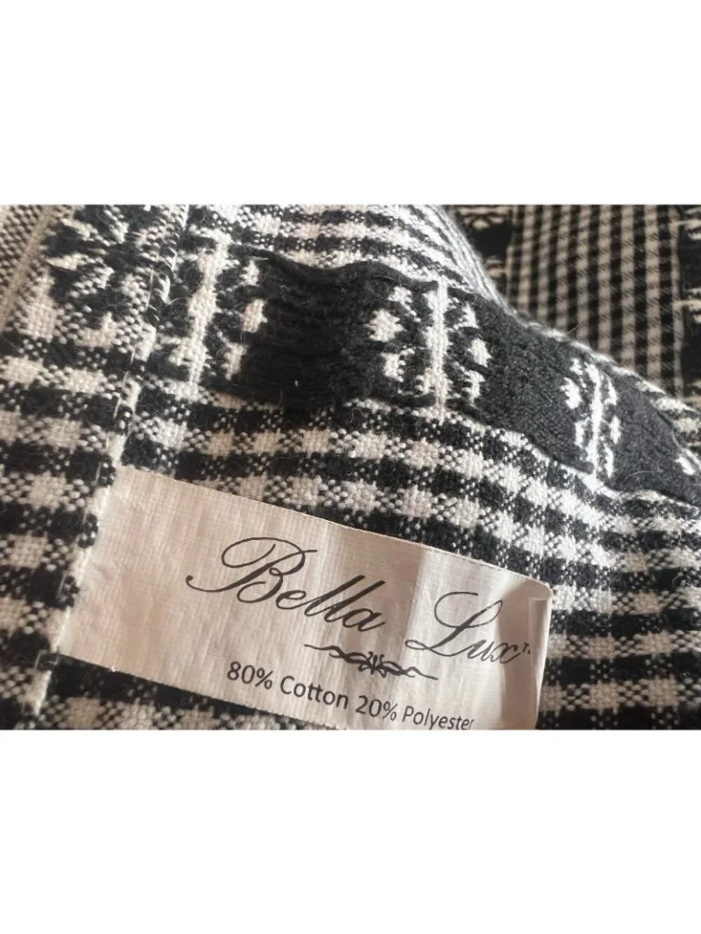 Gingham Check Tablecloth 57” x 82” Black & White Flower 80% Cotton Bella Lux VTG